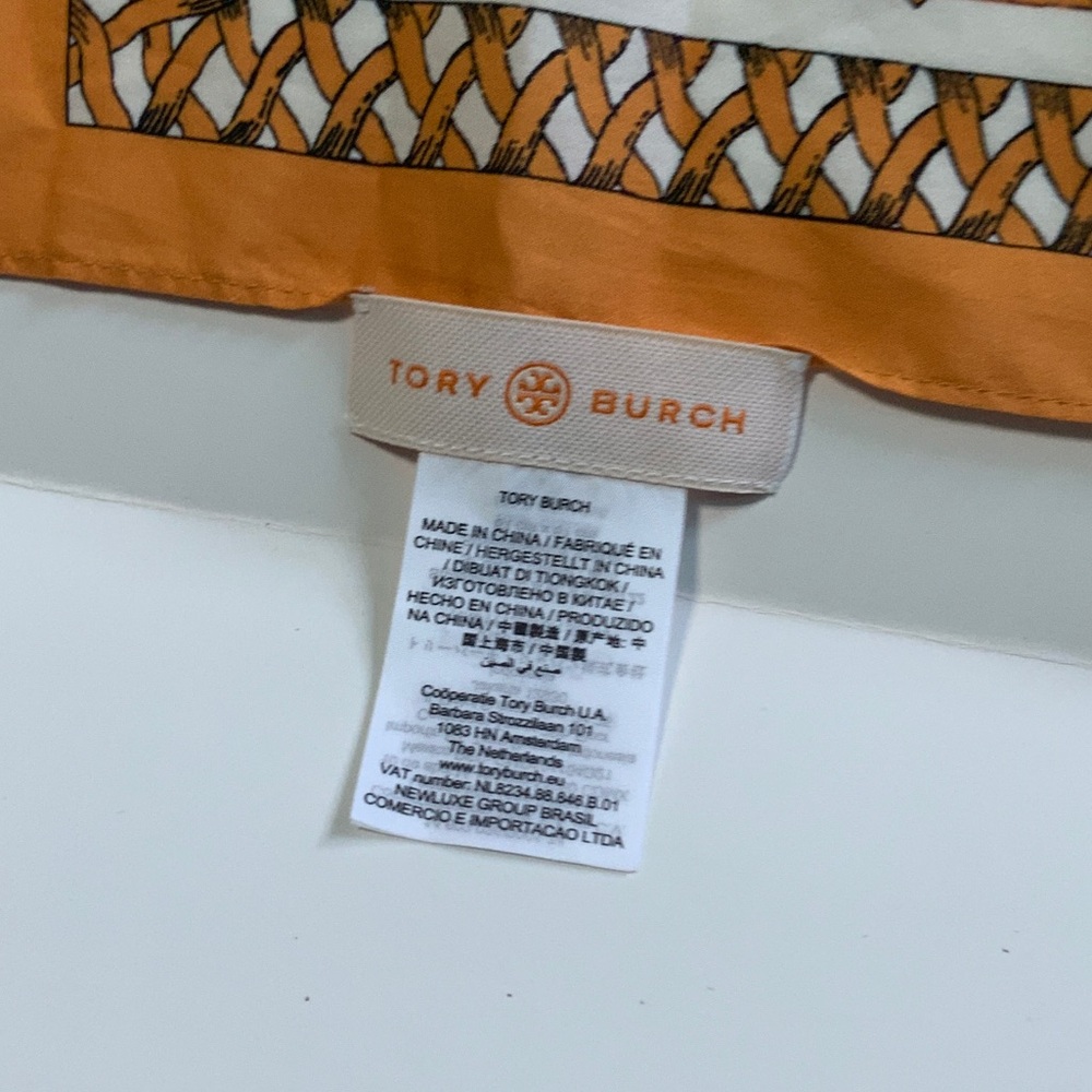 Tory Burch Orange and White Scarf, 25x25” - Picture 2 of 3